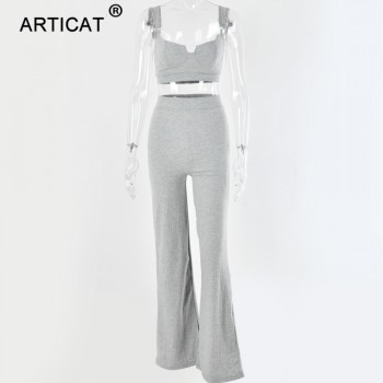 Articat White Two Piece Set Women Knitted Tracksuit Sleeveless Strapless Crop Top And Pants Sexy 2 Piece Sets Womens Outfits Gray